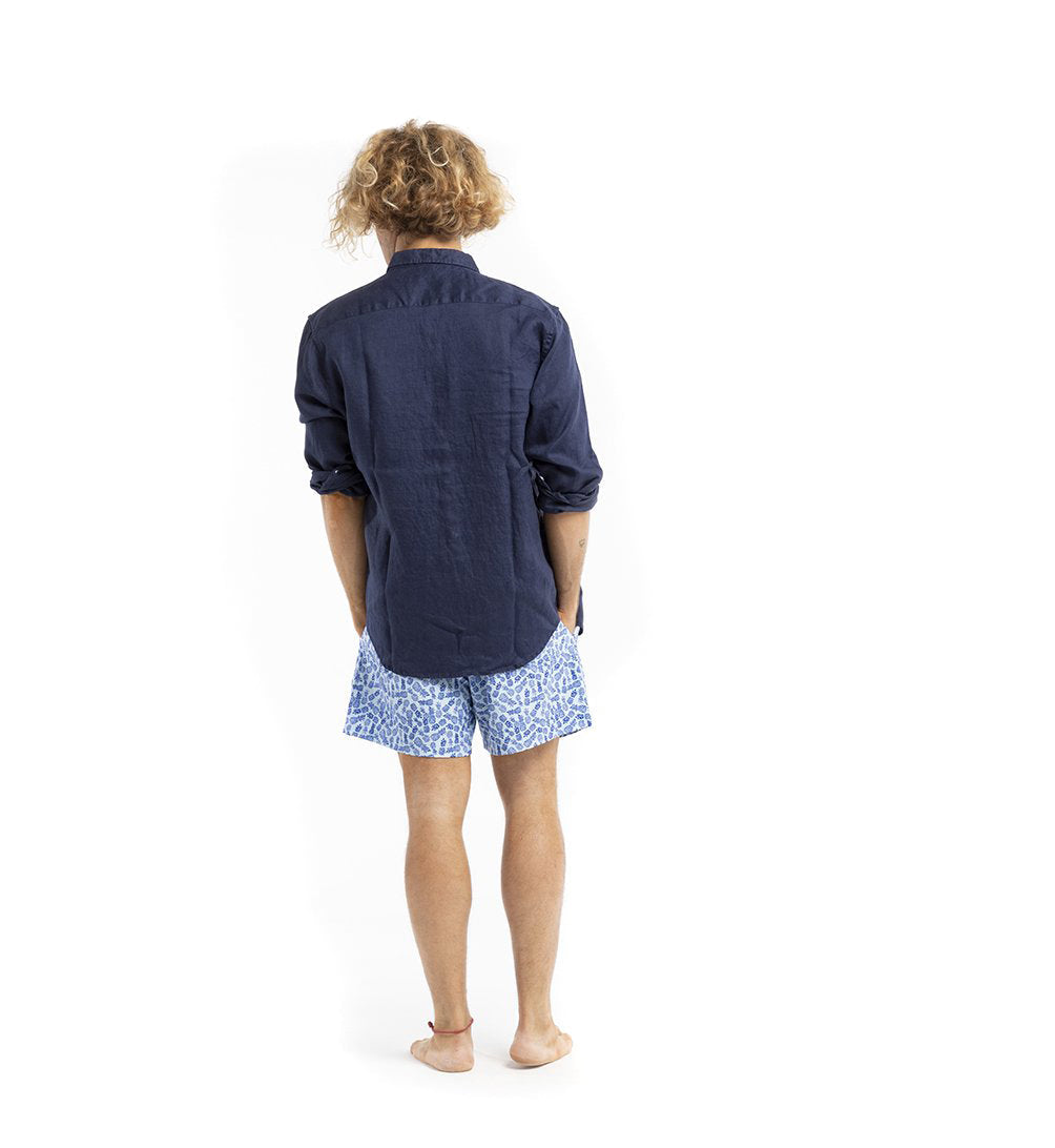 Navy Linen Shirt featuring a classic button-down collar, made from 100% premium washed linen, perfect for summer wear.