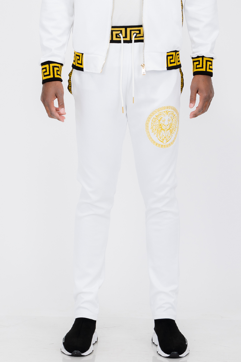 Men's Lion Head Embroidery Status Track Jacket featuring a lion head design on the chest, elastic waist, and standard pockets.