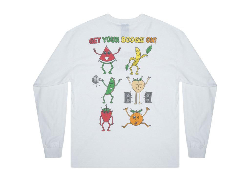 Long sleeved white t-shirt featuring colorful fruity ravers print with characters like watermelon, banana, and strawberry, perfect for festivals.