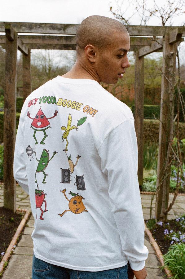 Long sleeved white t-shirt featuring colorful fruity ravers print with characters like watermelon, banana, and strawberry, perfect for festivals.