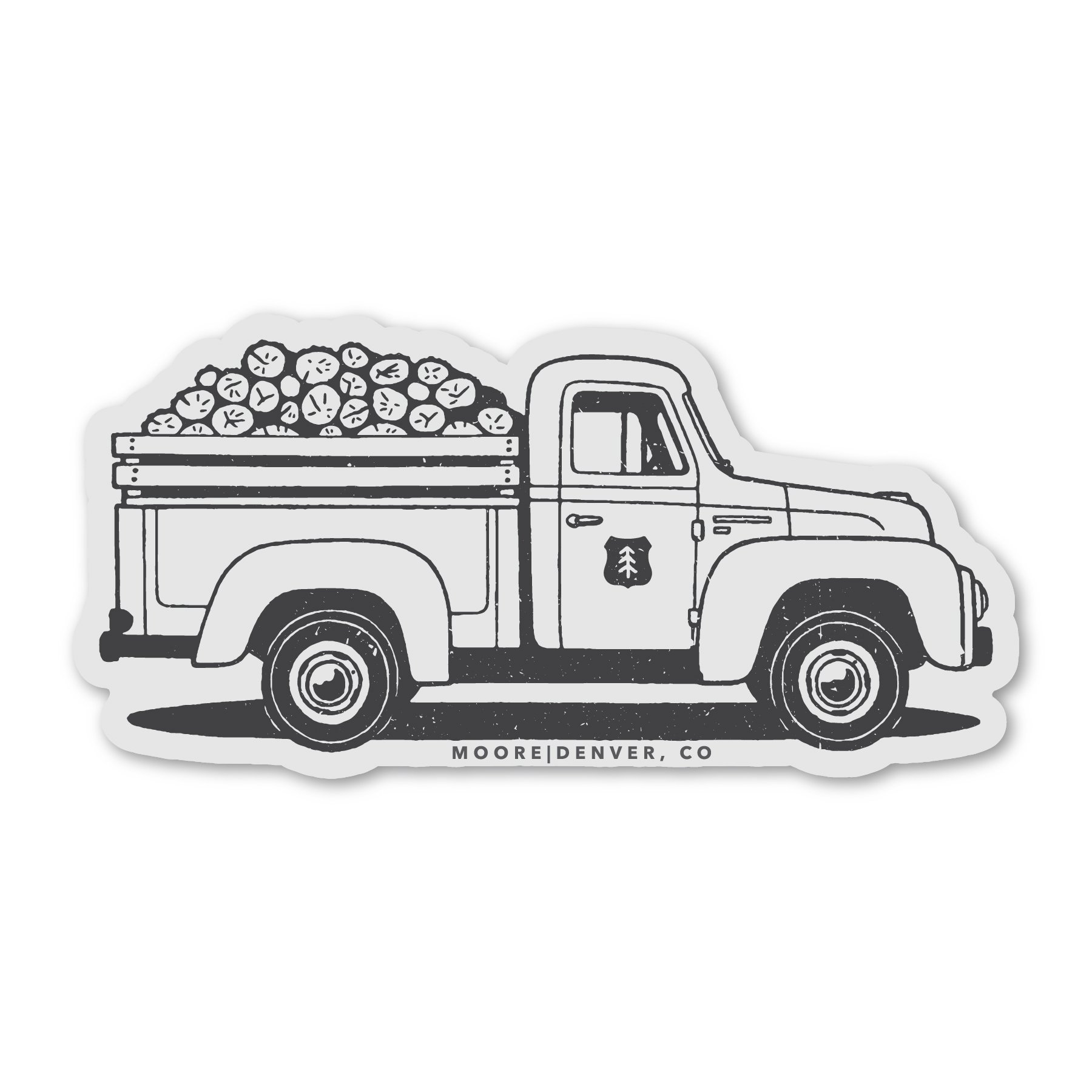 A waterproof vinyl sticker featuring a vintage Dodge Pickup truck design, symbolizing forest conservation and adventure.