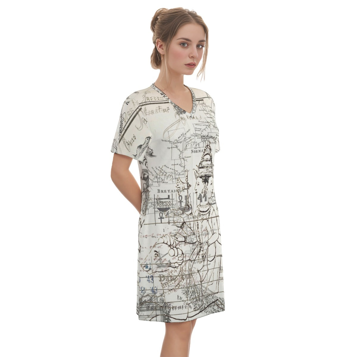 A vibrant MAP AND SOME ILLUSTRATIONS All Over Print Cotton V Neck Tee Dress showcasing colorful illustrations on a soft cotton fabric.