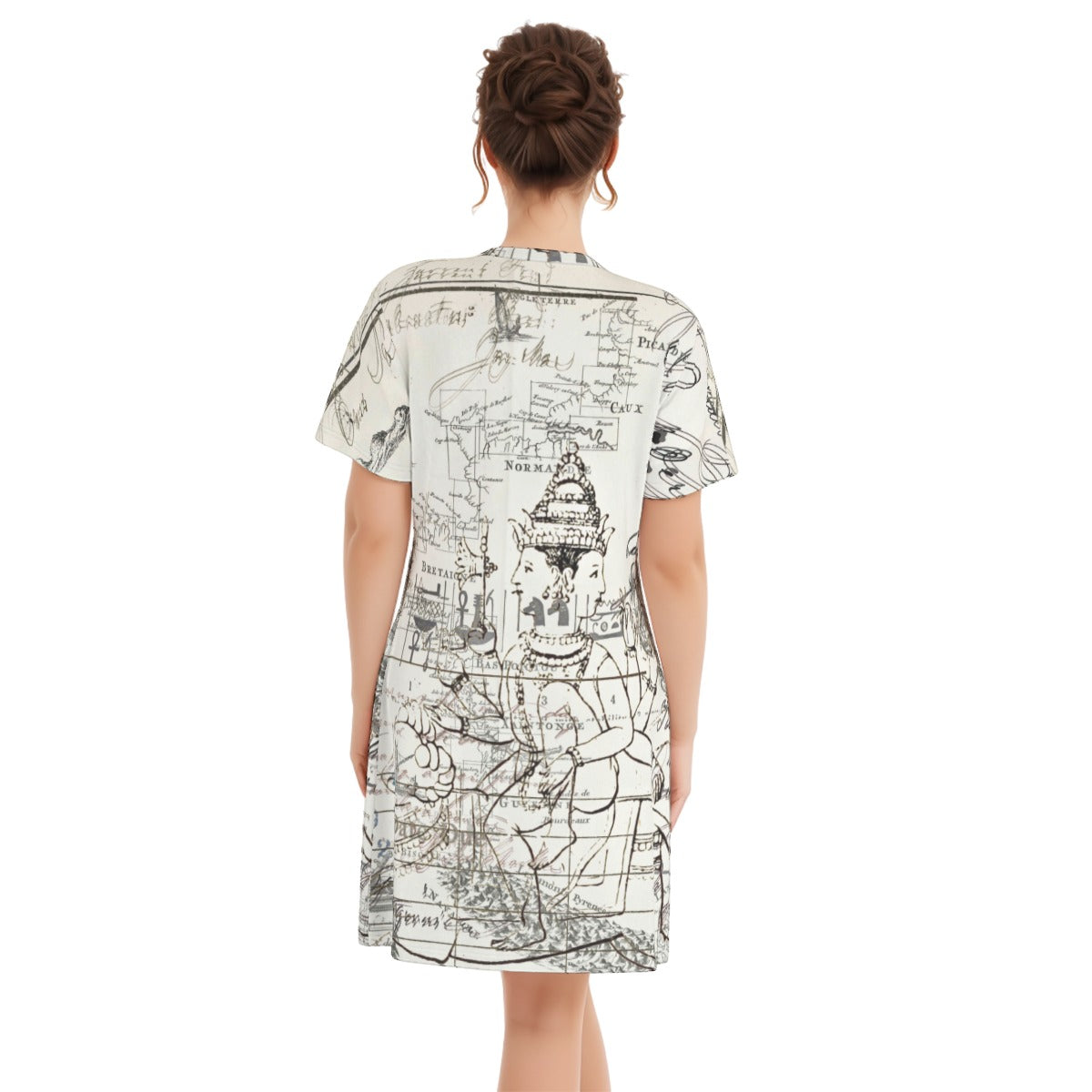 A vibrant MAP AND SOME ILLUSTRATIONS All Over Print Cotton V Neck Tee Dress showcasing colorful illustrations on a soft cotton fabric.