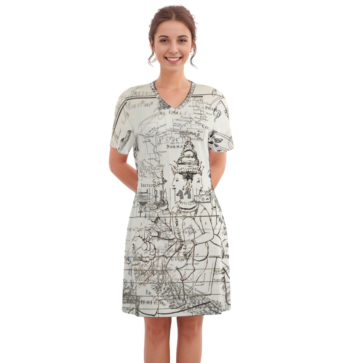 A vibrant MAP AND SOME ILLUSTRATIONS All Over Print Cotton V Neck Tee Dress showcasing colorful illustrations on a soft cotton fabric.