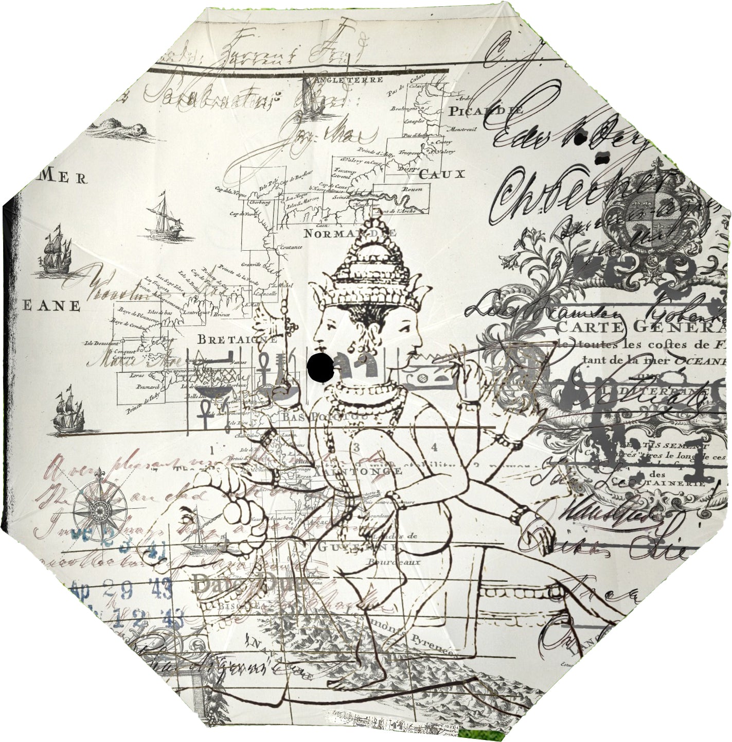 MAP AND SOME ILLUSTRATIONS Semi-Automatic Foldable Umbrella featuring vibrant collage designs and a comfortable foam handle.