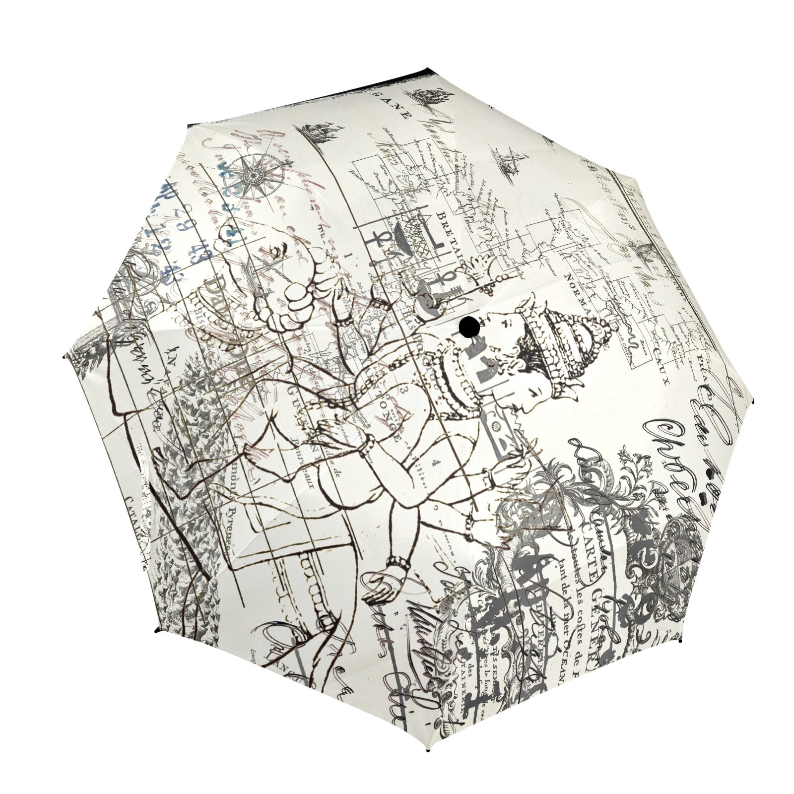 MAP AND SOME ILLUSTRATIONS Semi-Automatic Foldable Umbrella featuring vibrant collage designs and a comfortable foam handle.