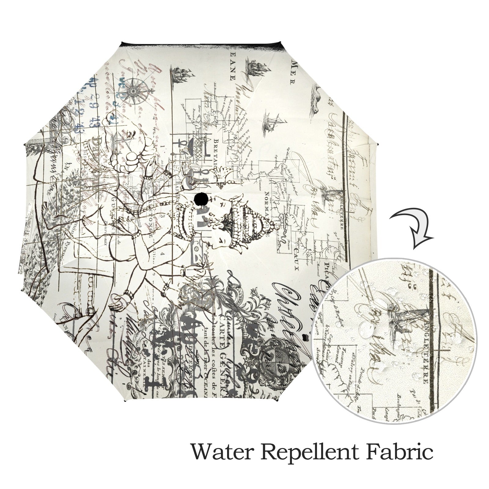 MAP AND SOME ILLUSTRATIONS Semi-Automatic Foldable Umbrella featuring vibrant collage designs and a comfortable foam handle.