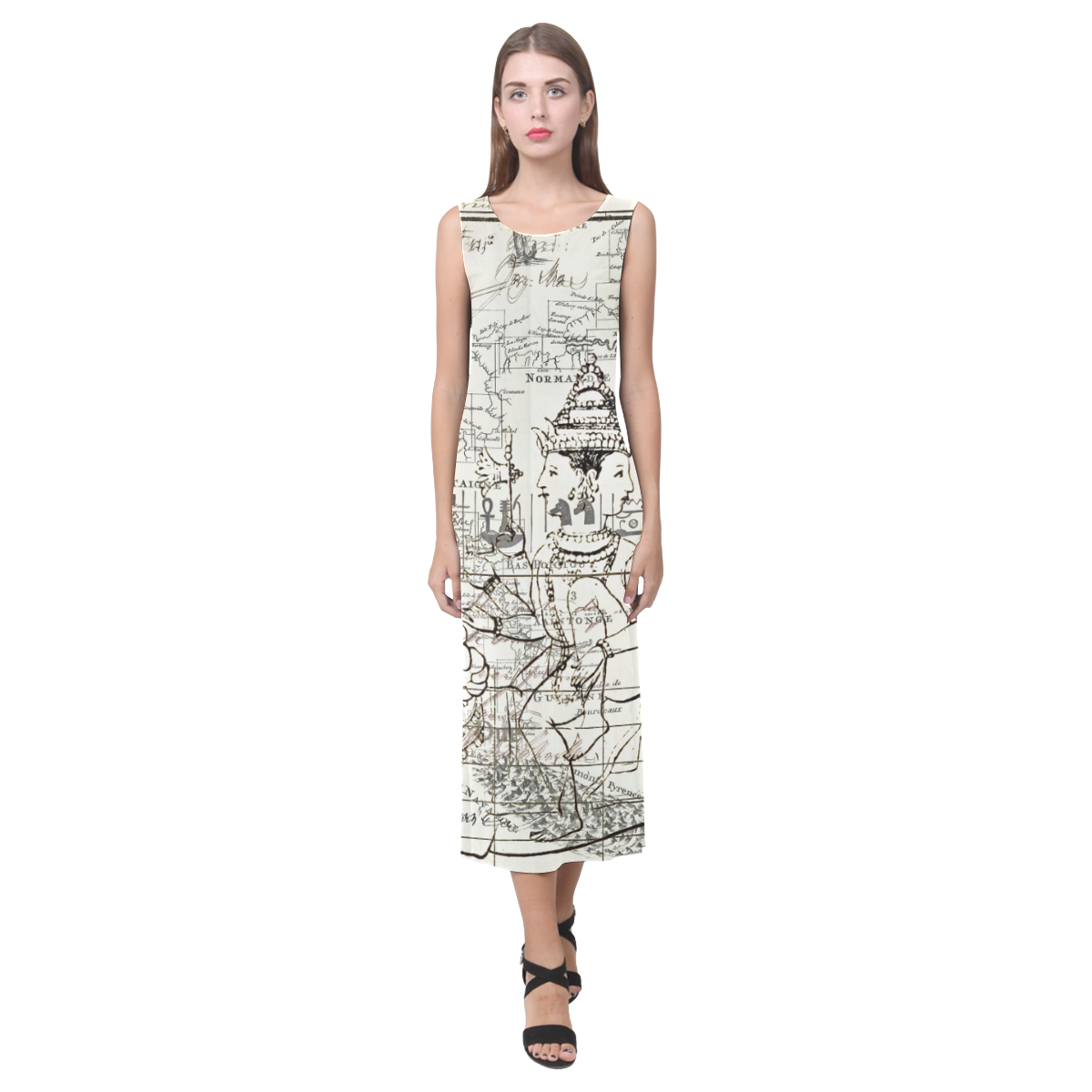 A vibrant sleeveless dress featuring artistic collages, made from soft polyester and spandex blend.
