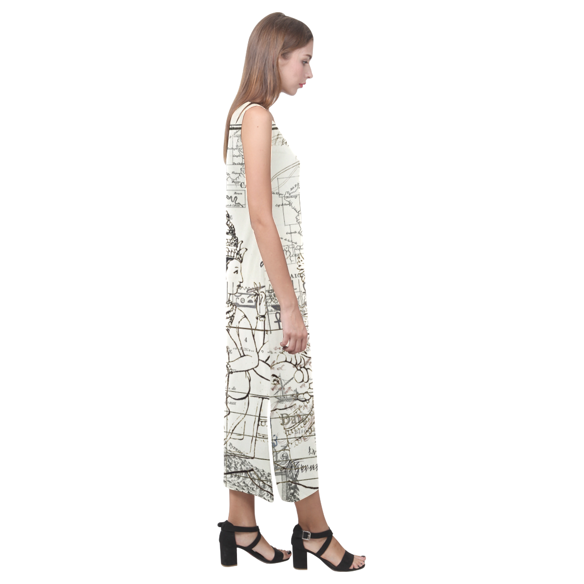 A vibrant sleeveless dress featuring artistic collages, made from soft polyester and spandex blend.