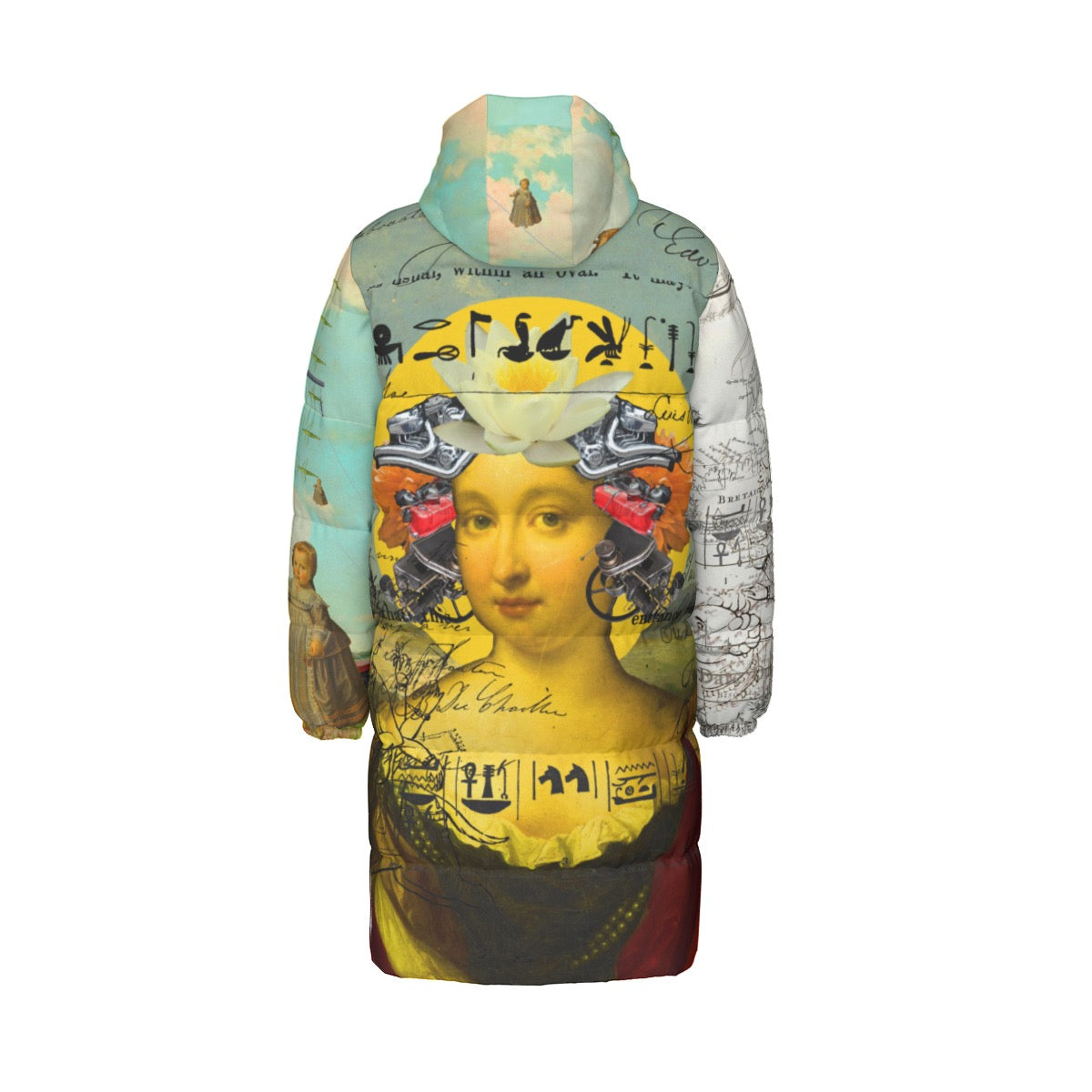 Vibrant down puffer jacket with collage print, featuring double zipper and side pockets.