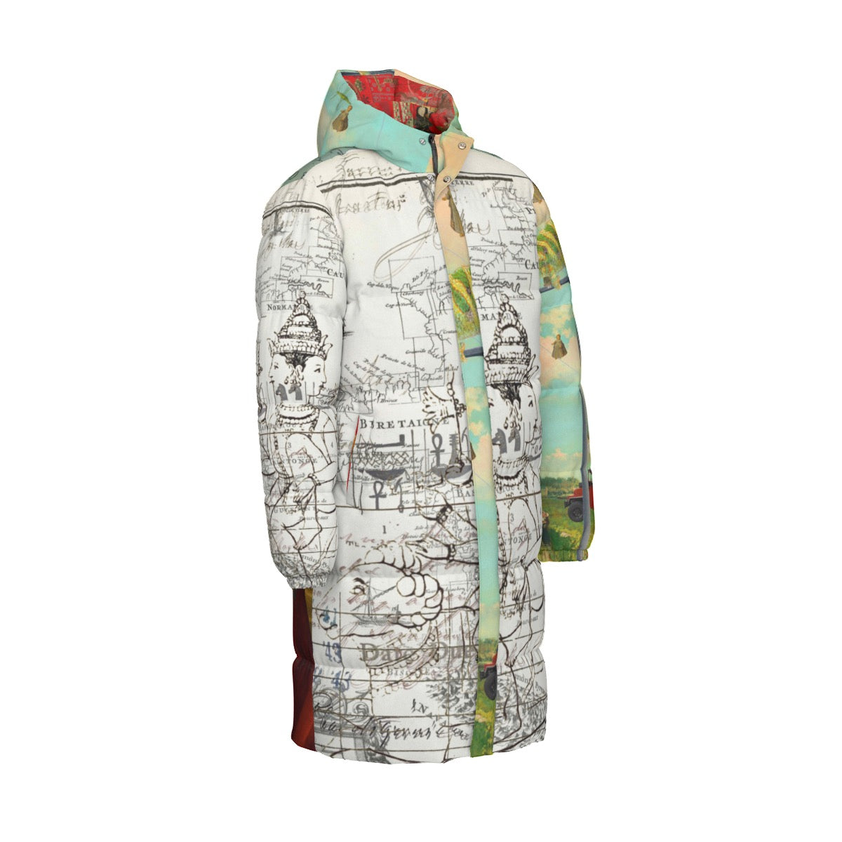 Vibrant down puffer jacket with collage print, featuring double zipper and side pockets.
