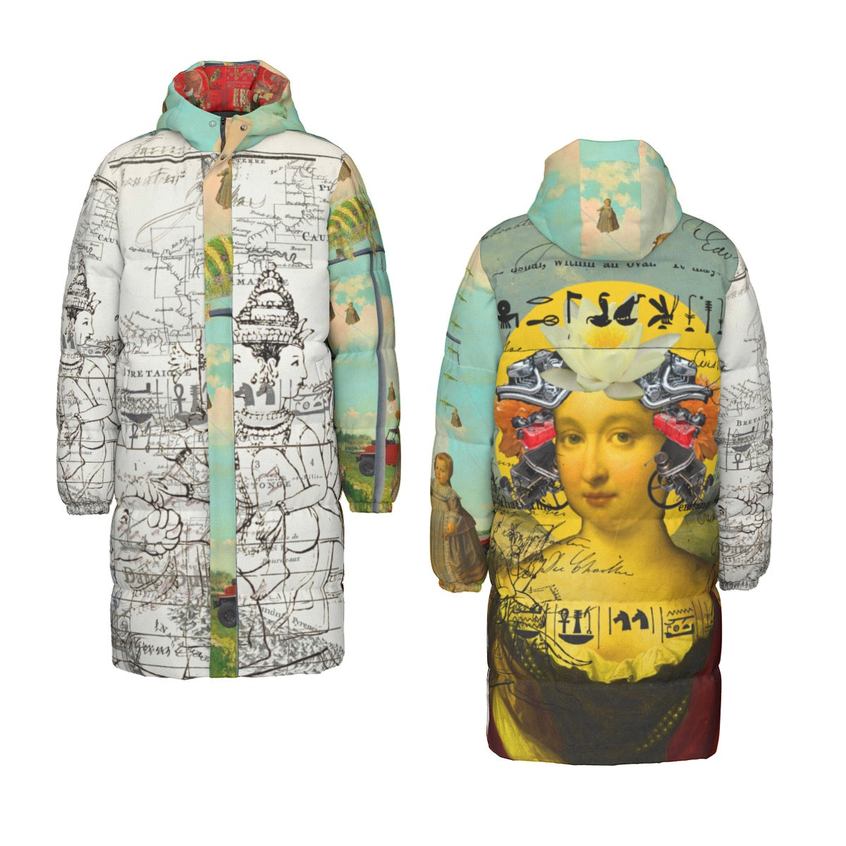 Vibrant down puffer jacket with collage print, featuring double zipper and side pockets.