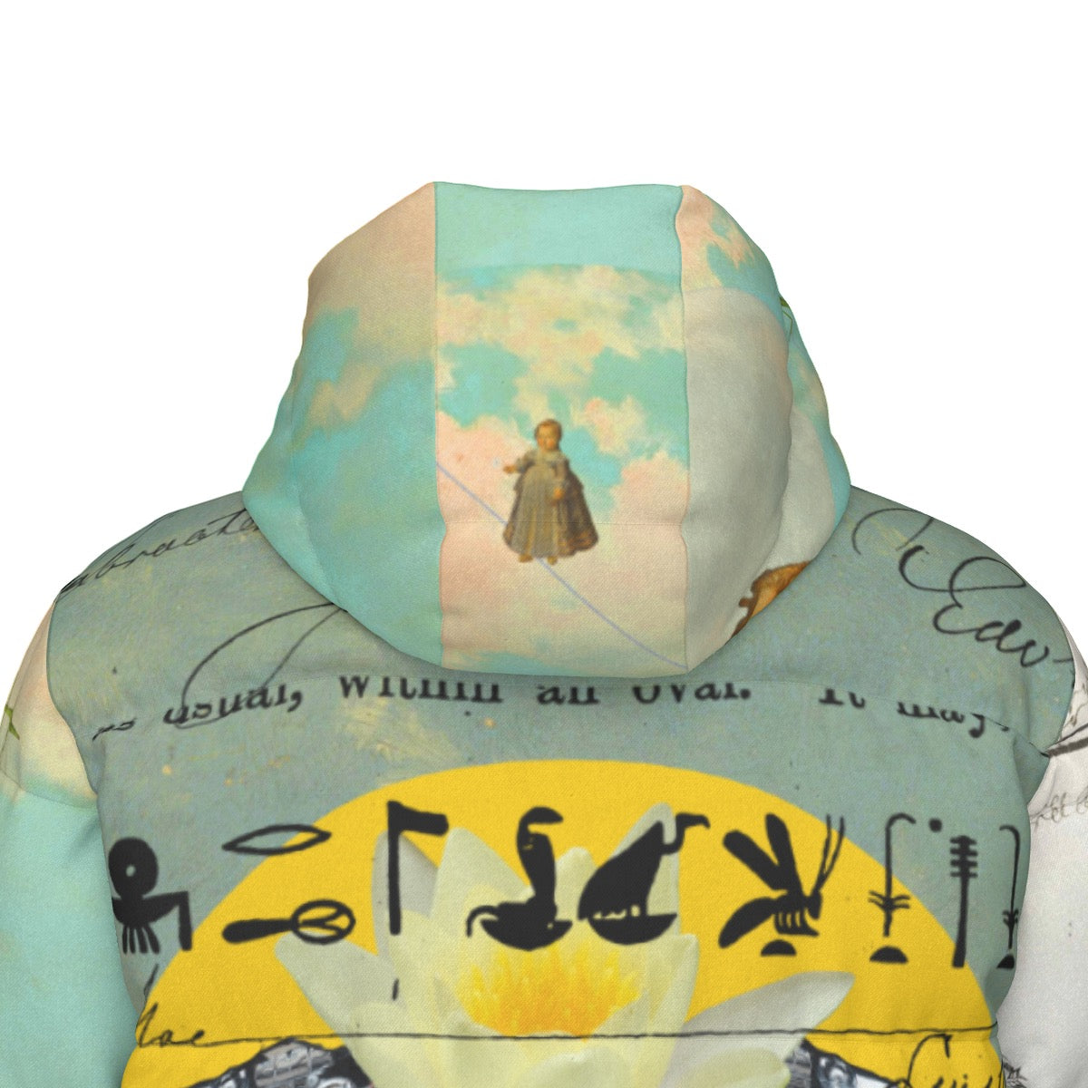 Vibrant down puffer jacket with collage print, featuring double zipper and side pockets.