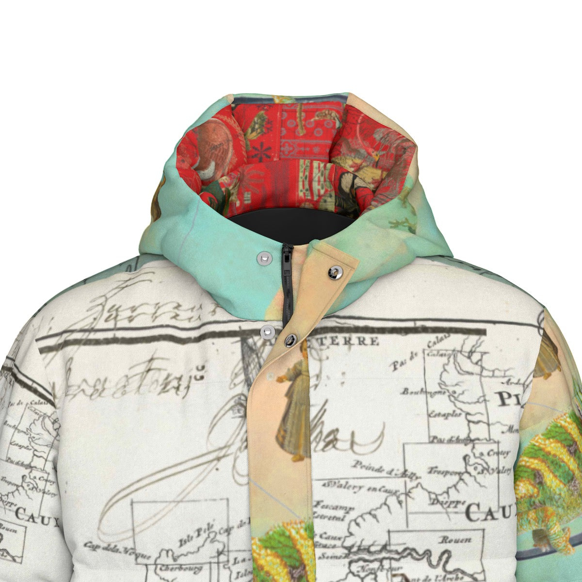 Vibrant down puffer jacket with collage print, featuring double zipper and side pockets.