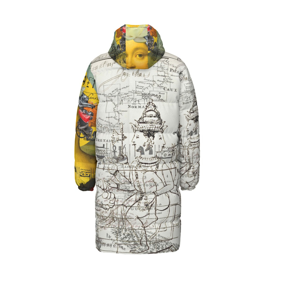 Vibrant down puffer jacket featuring a classic collage print, designed for warmth and style.