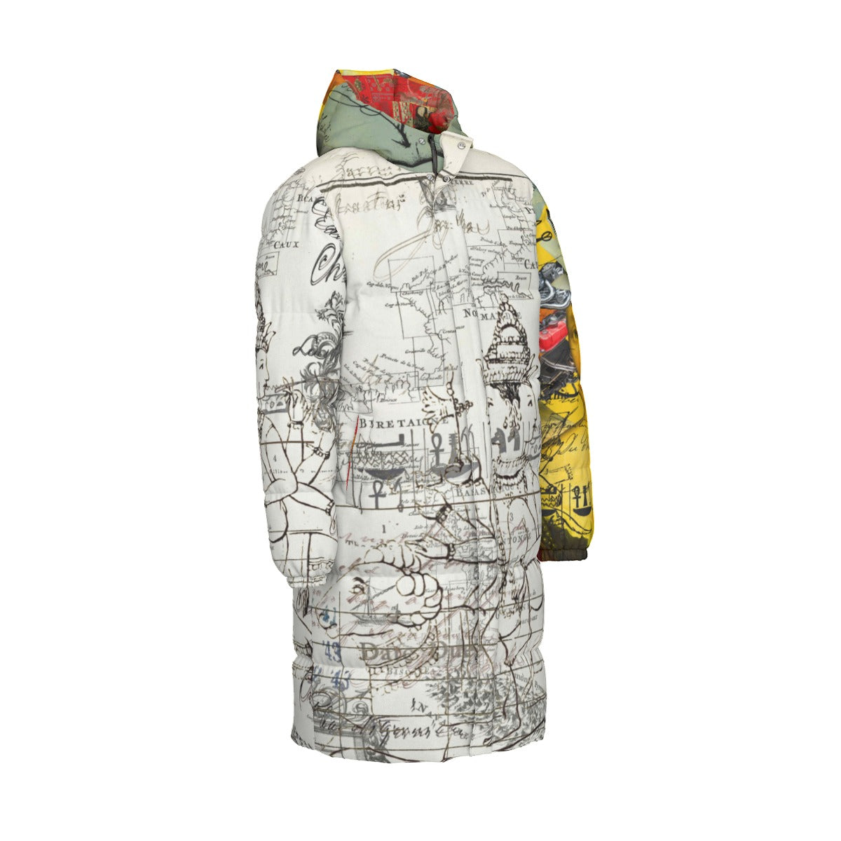 Vibrant down puffer jacket featuring a classic collage print, designed for warmth and style.