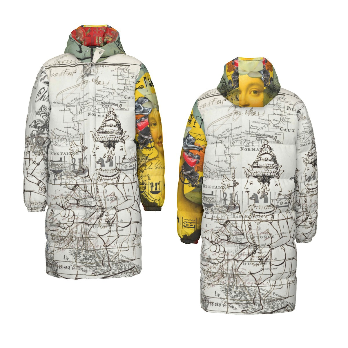 Vibrant down puffer jacket featuring a classic collage print, designed for warmth and style.