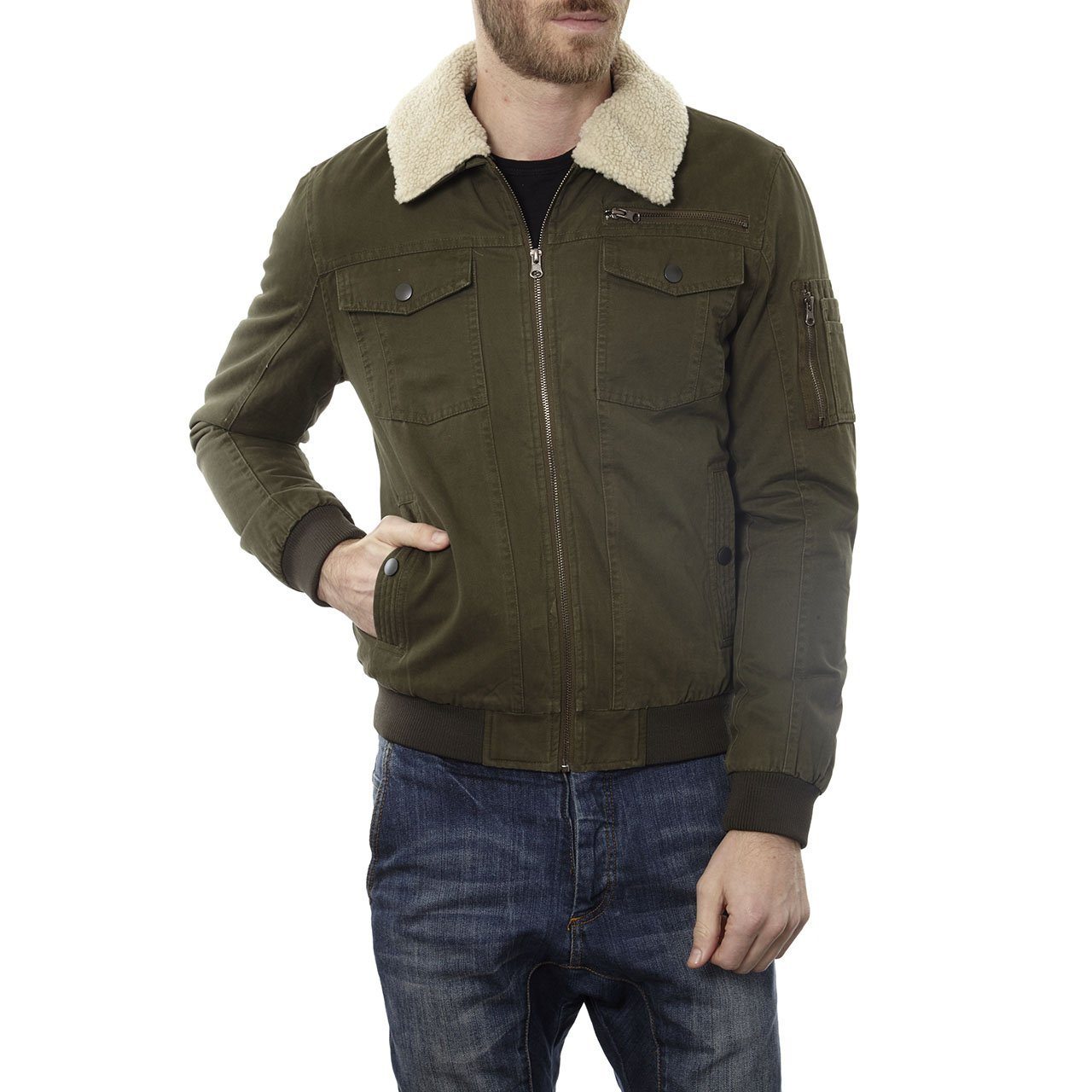 Maverick Cotton Aviator Jacket featuring a sherpa collar and lining, showcasing its classic aviator style and 100% cotton material.
