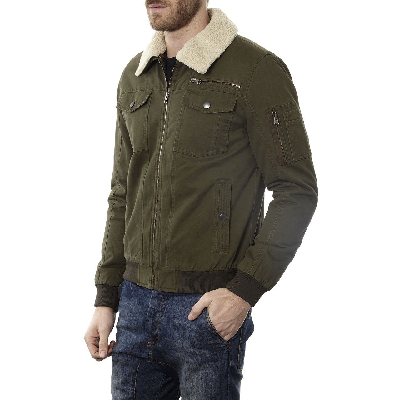 Maverick Cotton Aviator Jacket featuring a sherpa collar and lining, showcasing its classic aviator style and 100% cotton material.