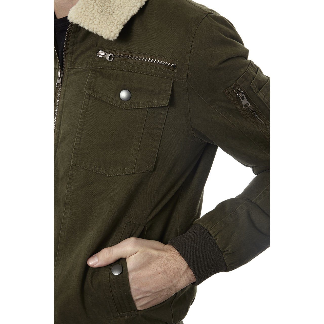 Maverick Cotton Aviator Jacket featuring a sherpa collar and lining, showcasing its classic aviator style and 100% cotton material.