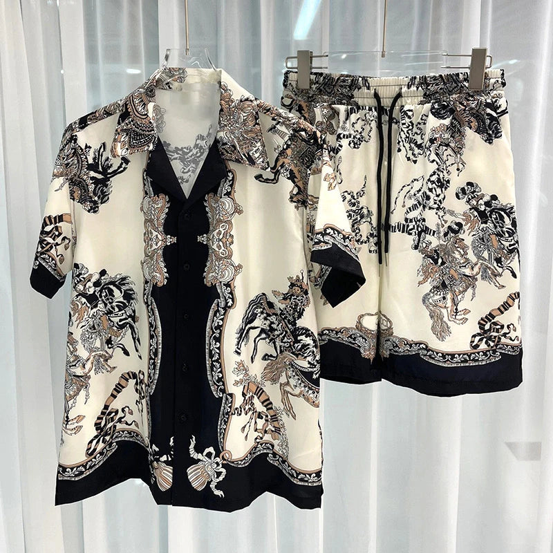 Men's vacation casual beach shorts set featuring drawstring pants and button closure, perfect for summer outings.