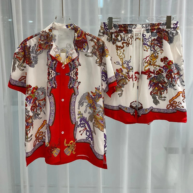 Men's vacation casual beach shorts set featuring drawstring pants and button closure, perfect for summer outings.