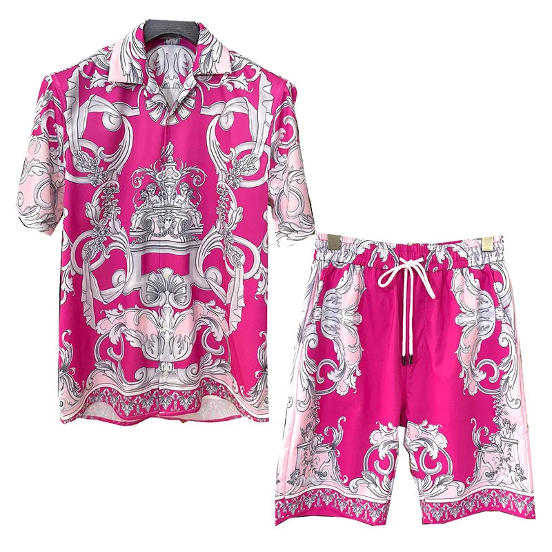 Men's vacation casual beach shorts set featuring drawstring pants and button closure, perfect for summer outings.