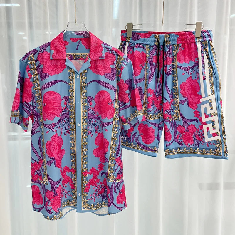 Men's vacation casual beach shorts set featuring drawstring pants and button closure, perfect for summer outings.