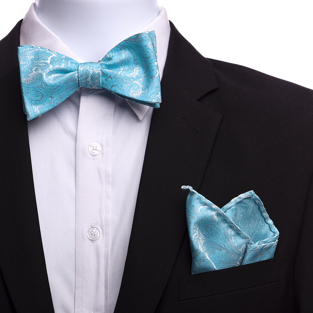 Men's 100% Silk Self Bow Tie with Matching Pocket Square in elegant gift box, showcasing luxurious Italian silk craftsmanship.