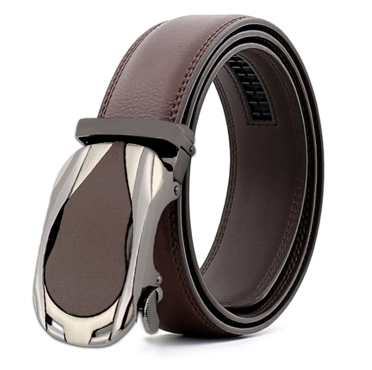 Mens Adjustable Ratchet Slide Buckle Belt made of genuine leather, featuring a stainless steel automatic buckle, suitable for various occasions.