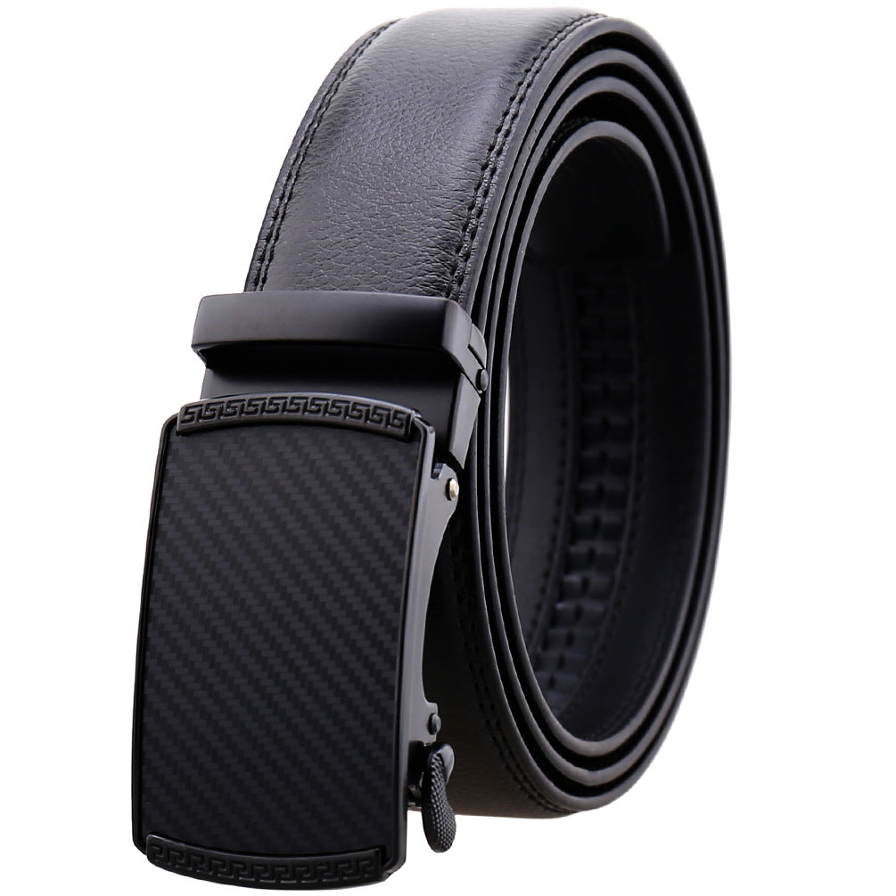 Mens Adjustable Ratchet Slide Buckle Belt made of genuine leather, featuring a stainless steel automatic buckle for a perfect fit.