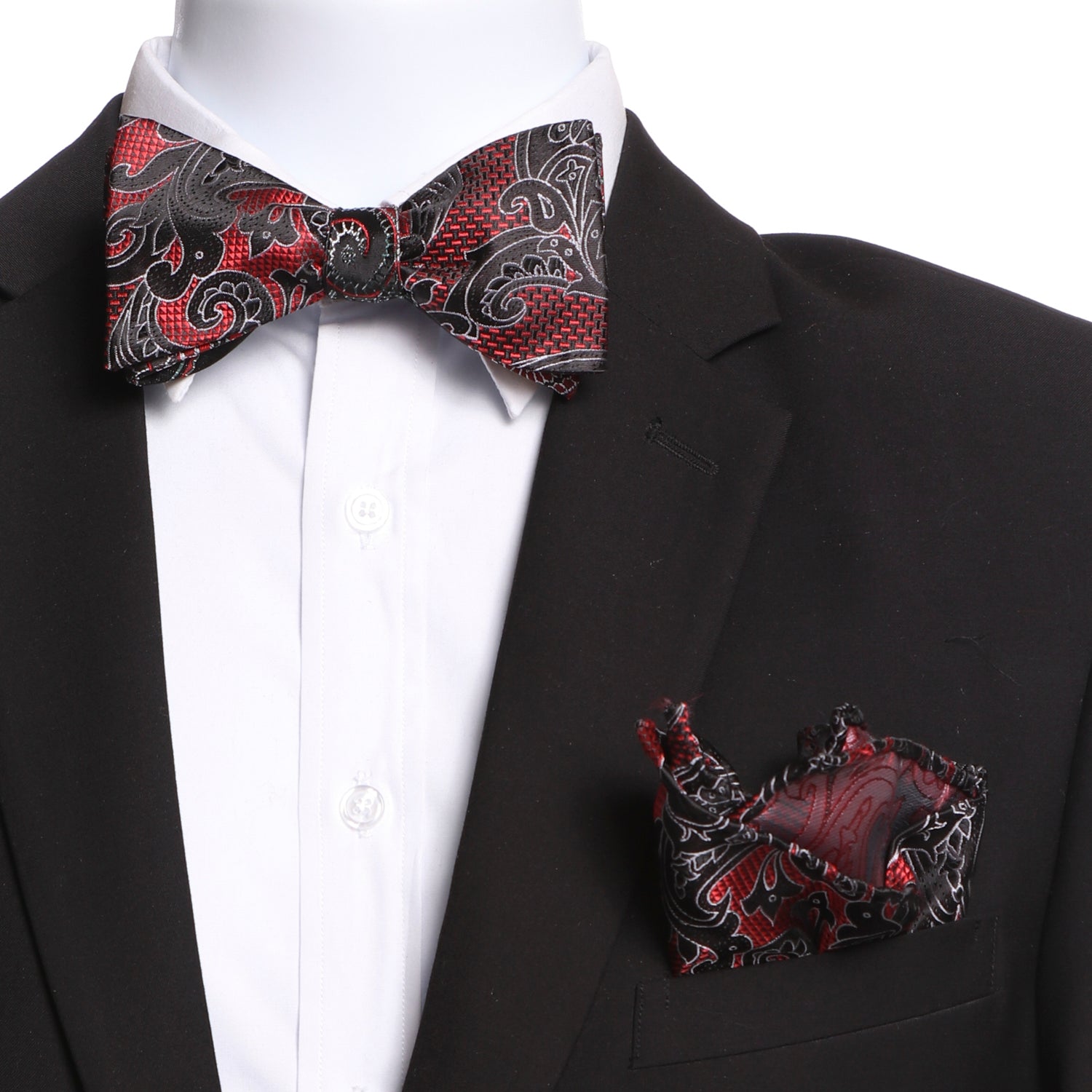 Amedeo Men's Black and Red Silk Self Bow Tie with matching handkerchief, elegantly displayed in a gift box.