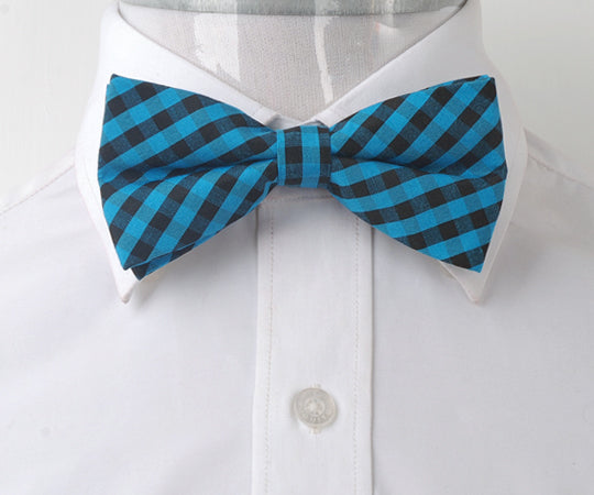 Men's Blue Black Silk Pre-Tied Bow Tie displayed elegantly, showcasing its luxurious fabric and classic design.