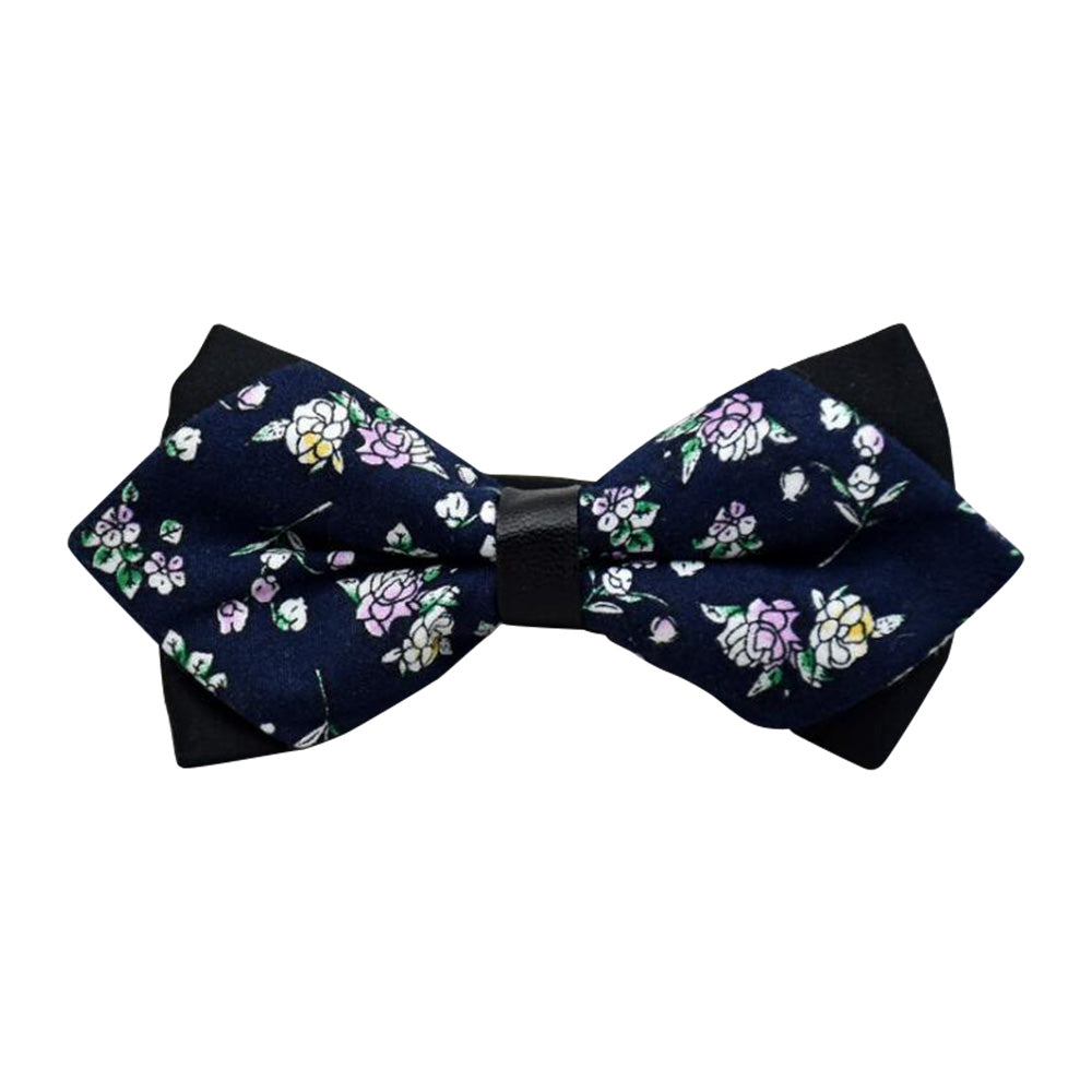 Men's blue and white floral pre-tied bow tie made from 100% soft cotton, showcasing elegant design and adjustable neck size.