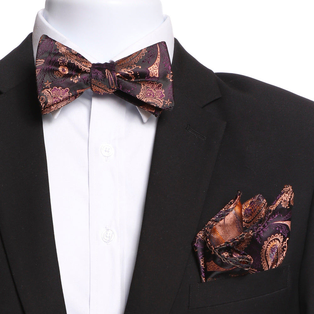 Men's Bronze, Black & Purple Self Bow Tie with matching handkerchief in an elegant gift box.