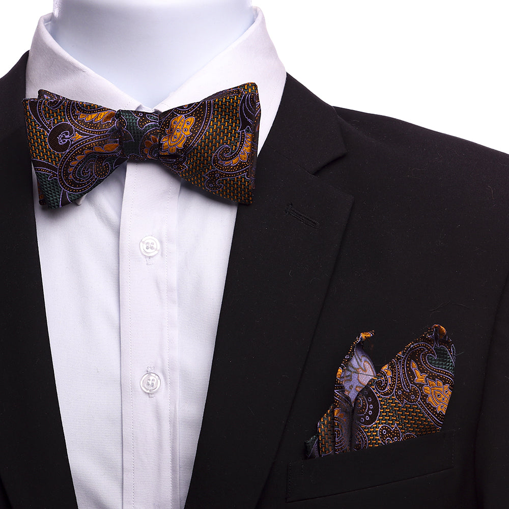 Men's Bronze Brown & Green Self Bow Tie with matching handkerchief in an elegant gift box, showcasing luxurious Italian silk craftsmanship.