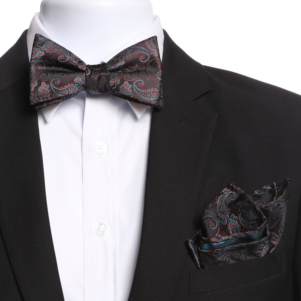 Amedeo Men's Brown & Blue Self Bow Tie with matching handkerchief in an elegant gift box, showcasing its luxurious silk texture and stylish design.