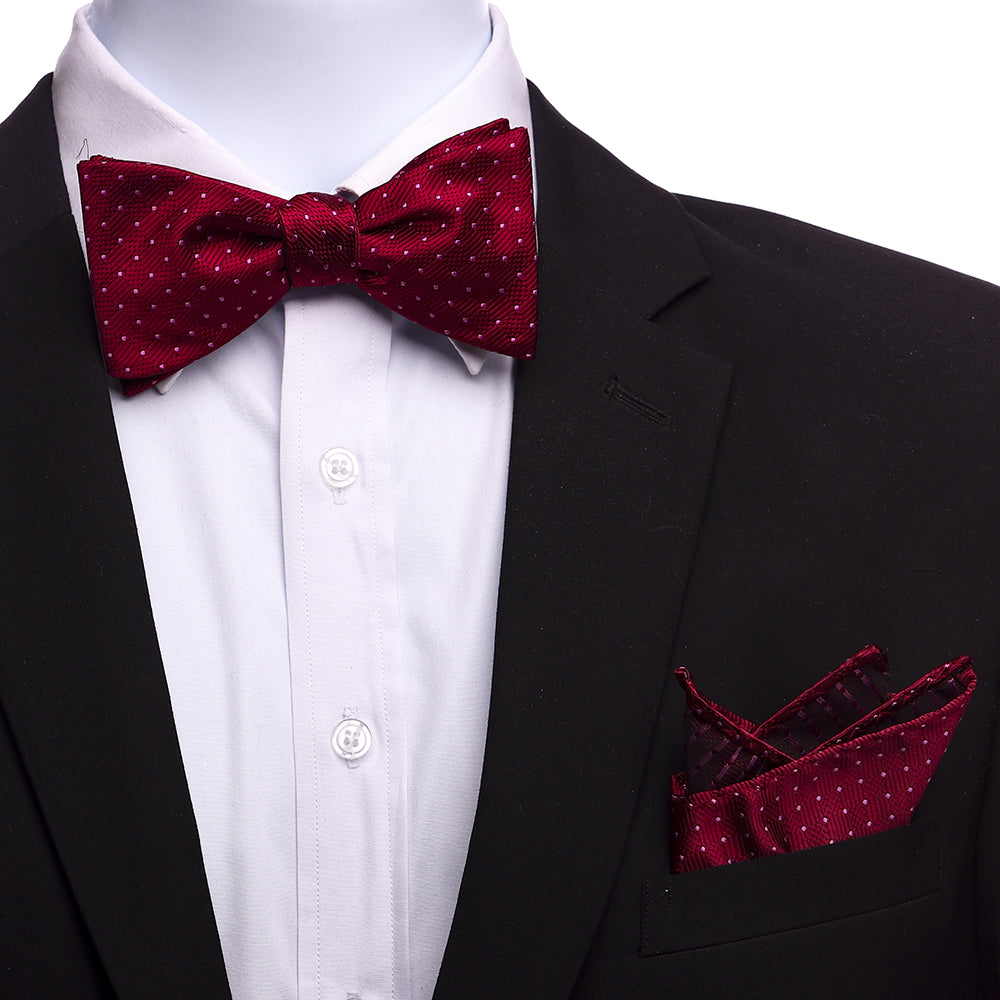Men's Cherry Red Paisley Silk Self Bow Tie with matching handkerchief, elegantly displayed in a gift box.