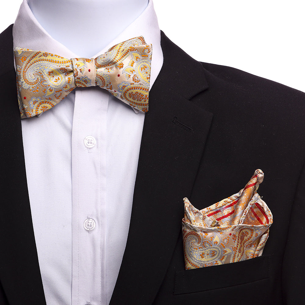 Men's Cream Beige Orange Silk Self Bow Tie with matching handkerchief in an elegant gift box.