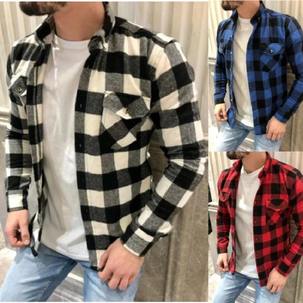 Men's Dual Pocket Long Sleeve Checkered Shirt in classic checkered pattern, showcasing its stylish design and dual chest pockets.