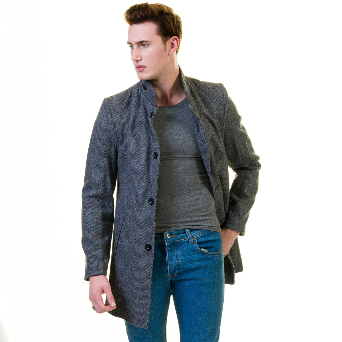 Men's European Grey Wool Coat, tailored fit, showcasing luxury quality and soft wool blend fabric.