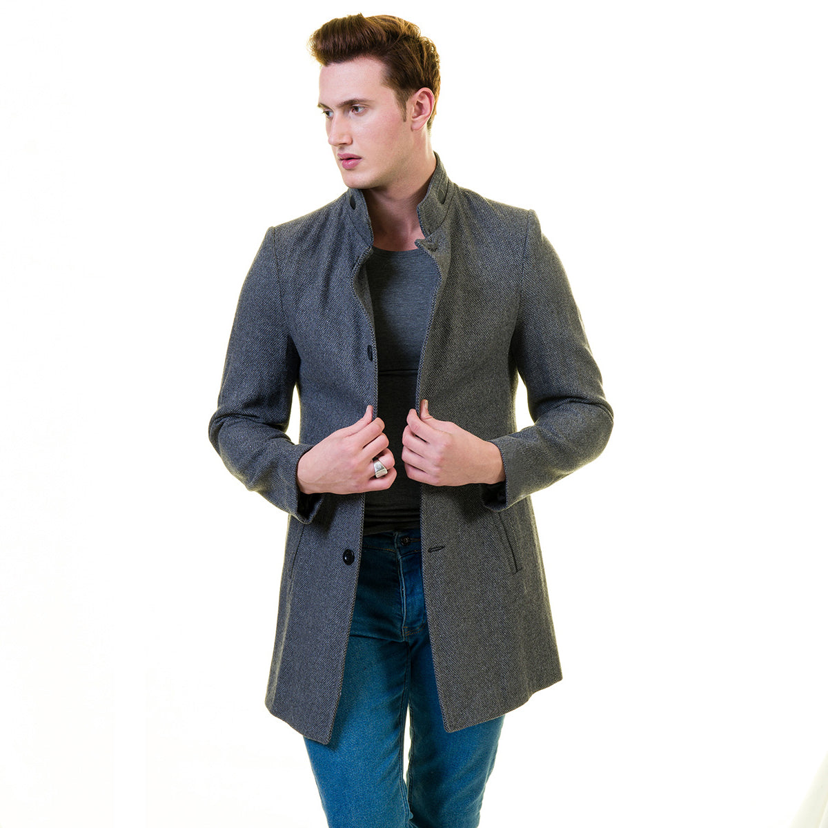 Men's European Grey Wool Coat, tailored fit, showcasing luxury quality and soft wool blend fabric.