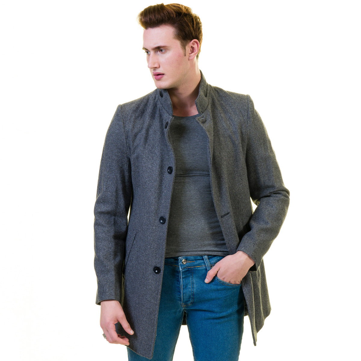 Men's European Grey Wool Coat, tailored fit, showcasing luxury quality and soft wool blend fabric.