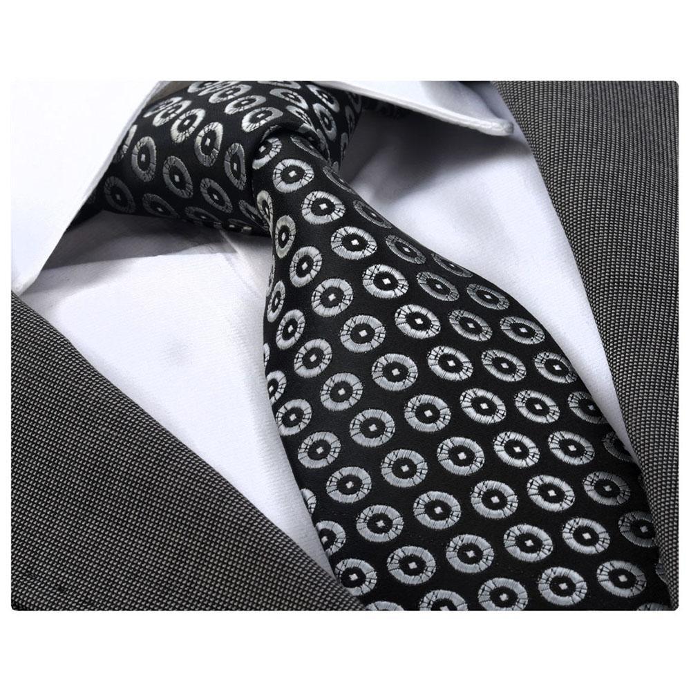 Men's Fashion Black Silver Circles Squares Neck Tie displayed in an elegant gift box, showcasing its luxurious silk fabric and unique design.