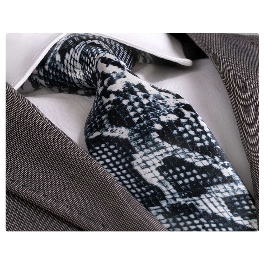 Men's Fashion Black White Snake Skin Tie made of luxurious silk, elegantly packaged in a gift box, showcasing a sophisticated design.