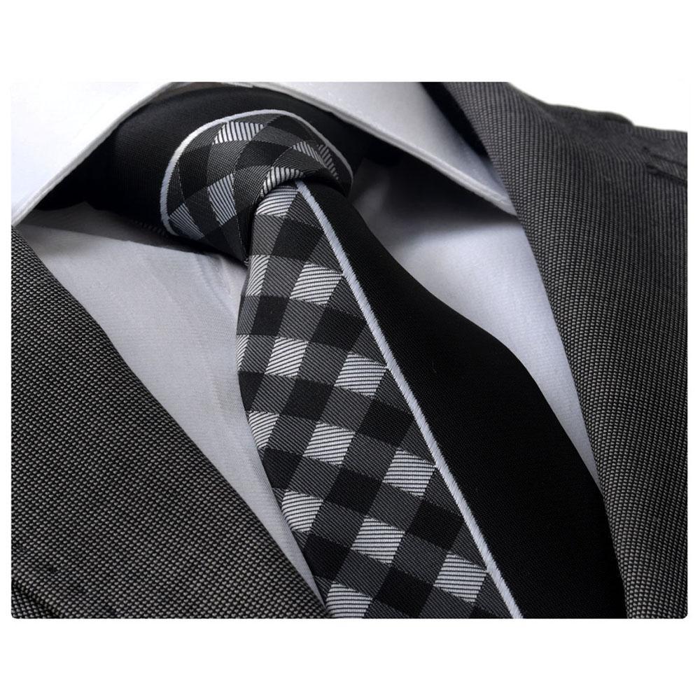 Men's Fashion Gray White Plaid half Black Neck Tie displayed in an elegant gift box, showcasing its luxurious silk fabric and stylish design.