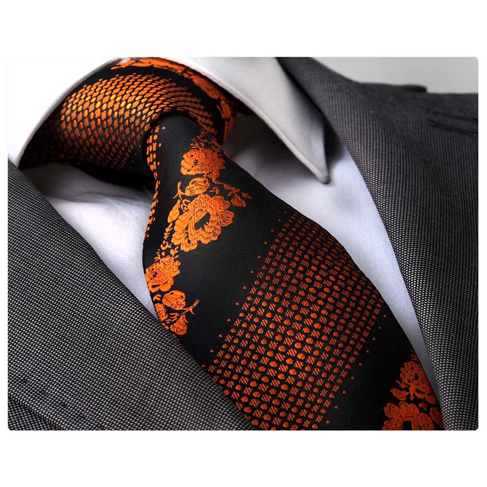 Men's Fashion Orange Black Neck Tie displayed in an elegant gift box, showcasing its luxurious silk texture and vibrant colors.