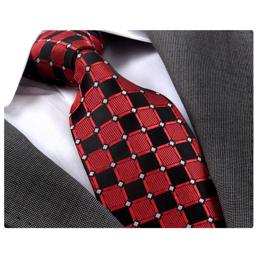 Men's Fashion Red Black Squares Neck Tie displayed in an elegant gift box, showcasing its luxurious silk material and stylish design.