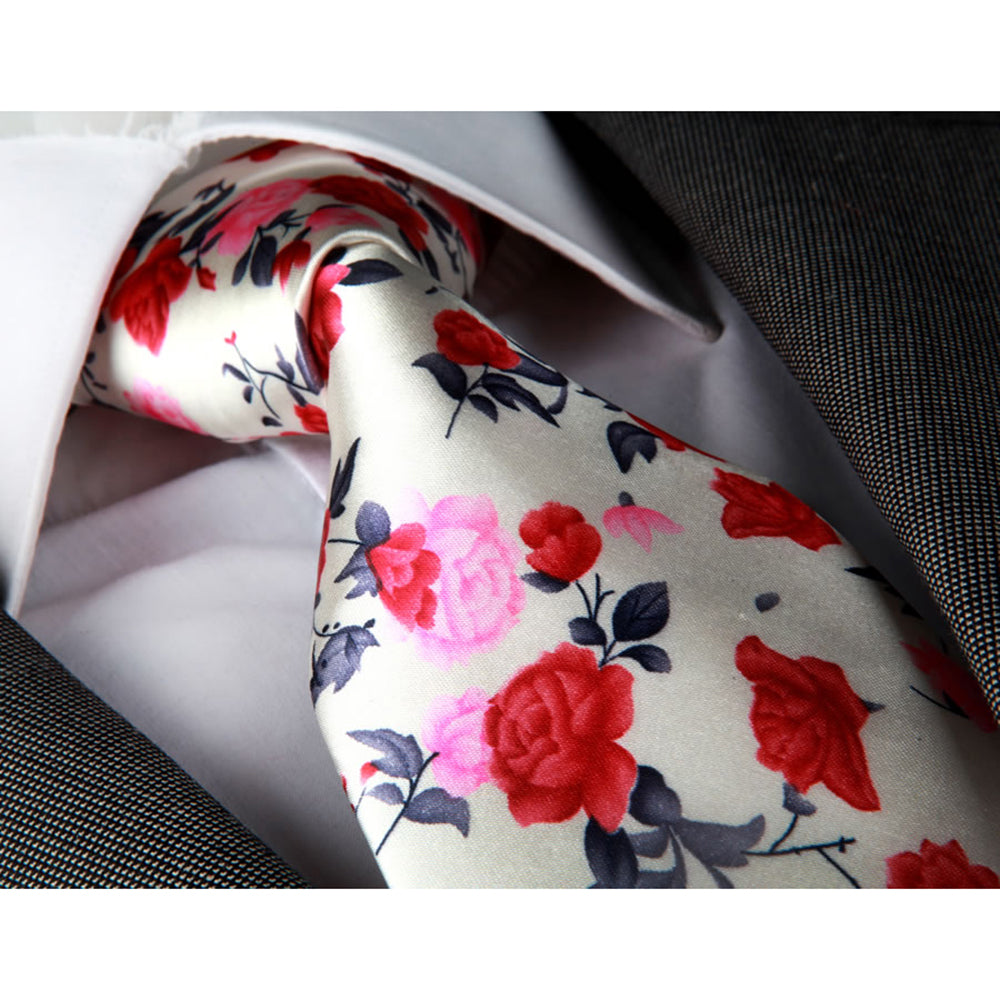 Men's Fashion White Pink Red Roses Neck Tie displayed in an elegant gift box, showcasing its luxurious silk fabric and intricate floral design.