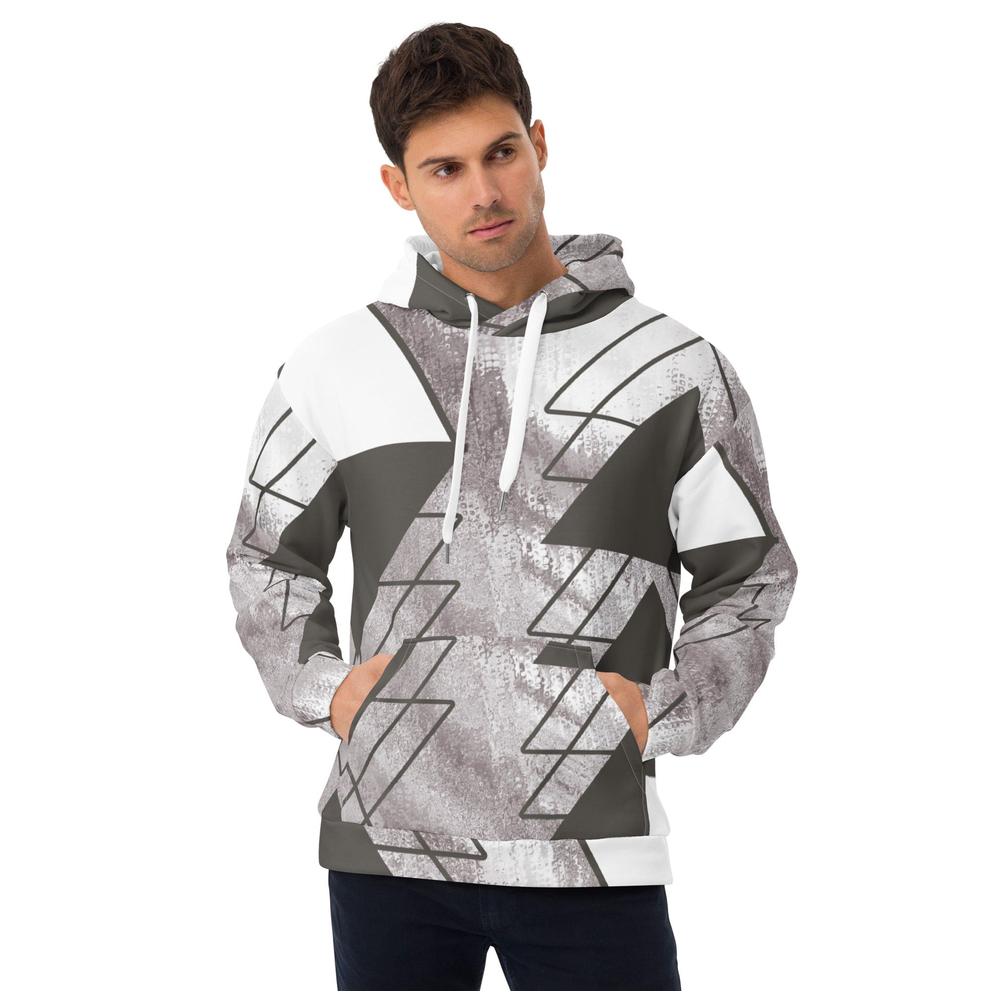 Men's Graphic Hoodie in Ash Grey and White with Triangular Colorblock design, showcasing a stylish and modern look.